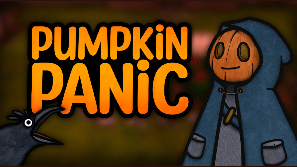Text "Pumpkin Panic" with a screaming cartoon crow on one side and a peaceful looking pumpkin person in a hooded cloak on the other.