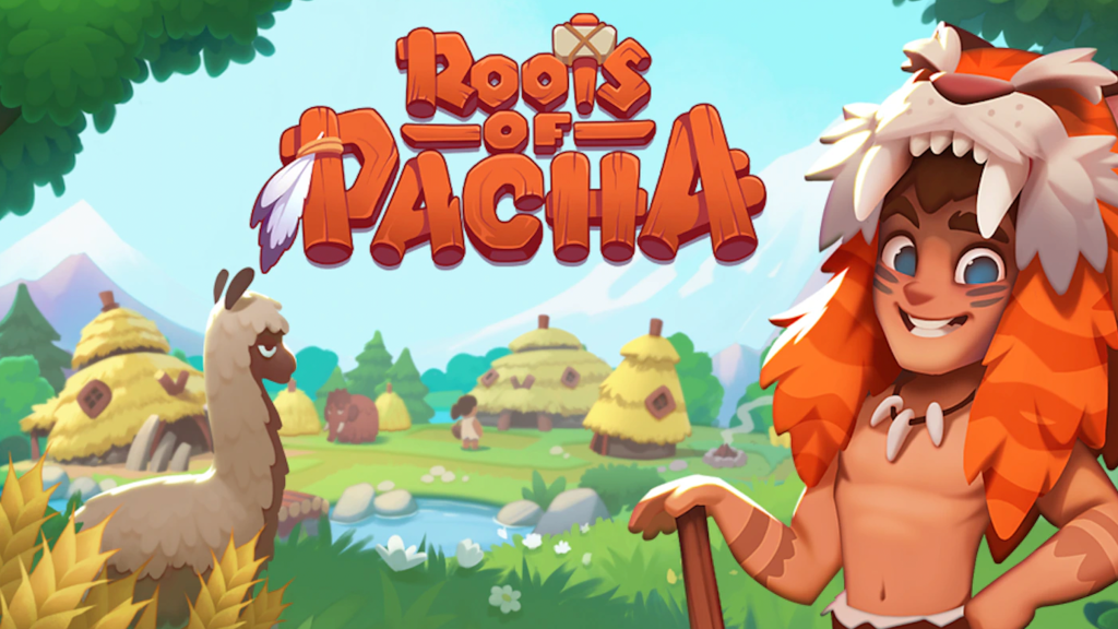 A llama enjoys a meal in front of a village of picturesque thatched huts. A prehistoric, but friendly, looking man with face pain, tattoos, a club, and a hat made from the pelt of a sabertooth tiger gazes pleasantly out of the picture. Text in image reads "Roots of Pacha."