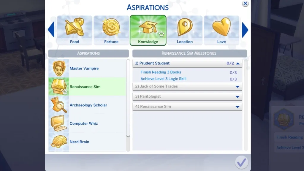 Display menu showing available aspirations. 