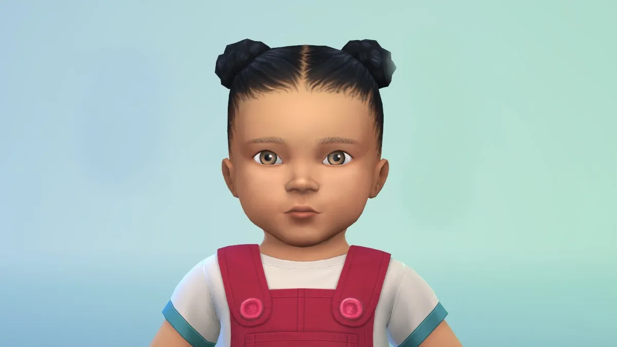 A female infant Sim with two small buns in overalls looks calmly out while against a blue background.