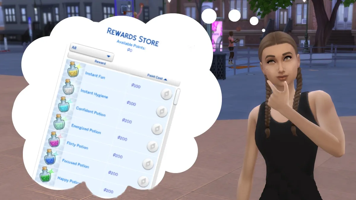A Sim with braids in a black tank top and a thoughtful expression. Has a thought bubble that contains the Satisfaction Points rewards menu.