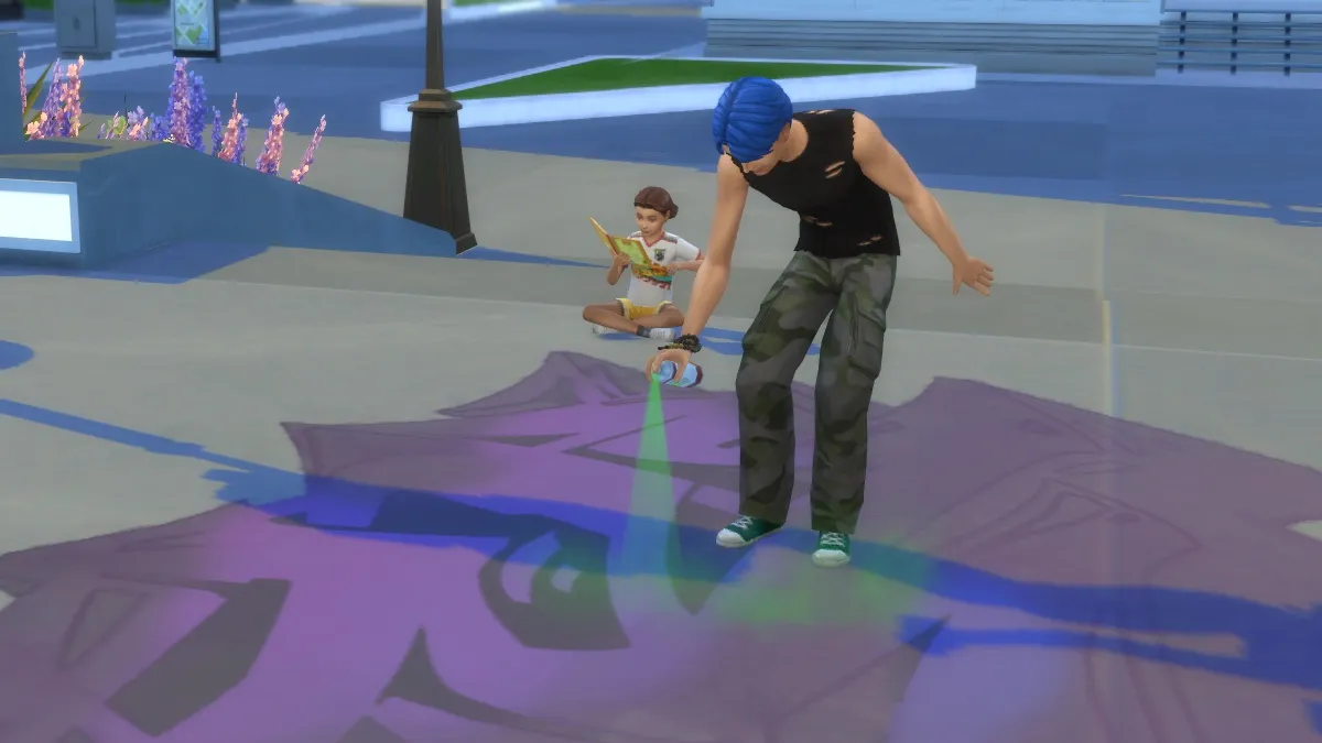 A blue-haired teen Sim spray paints graffiti while his sister sits on the ground behind him, doing her homework.