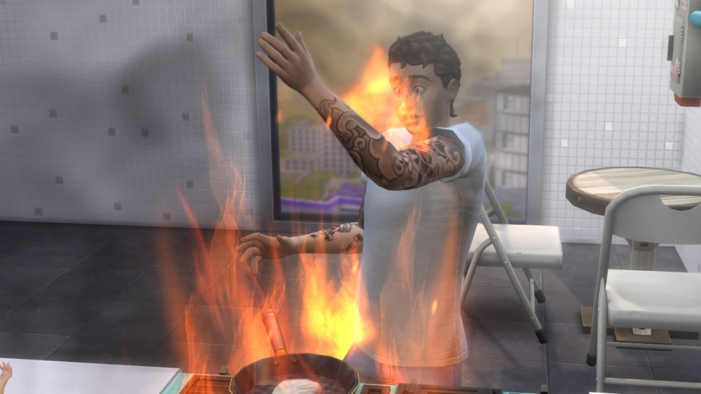 A panicked tattooed Sim realizes that he and his stove are on fire. 