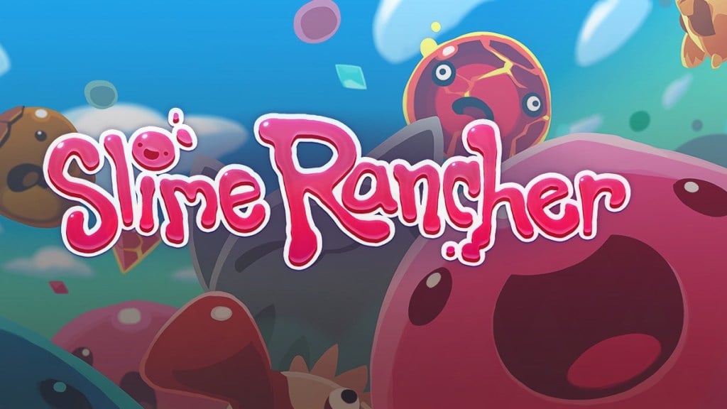 A variety of (mostly) friendly looking slime blob creatures drift around the image. Text in image reads "Slime Rancher" wit the dot in the "i" represented as another slime creature.
