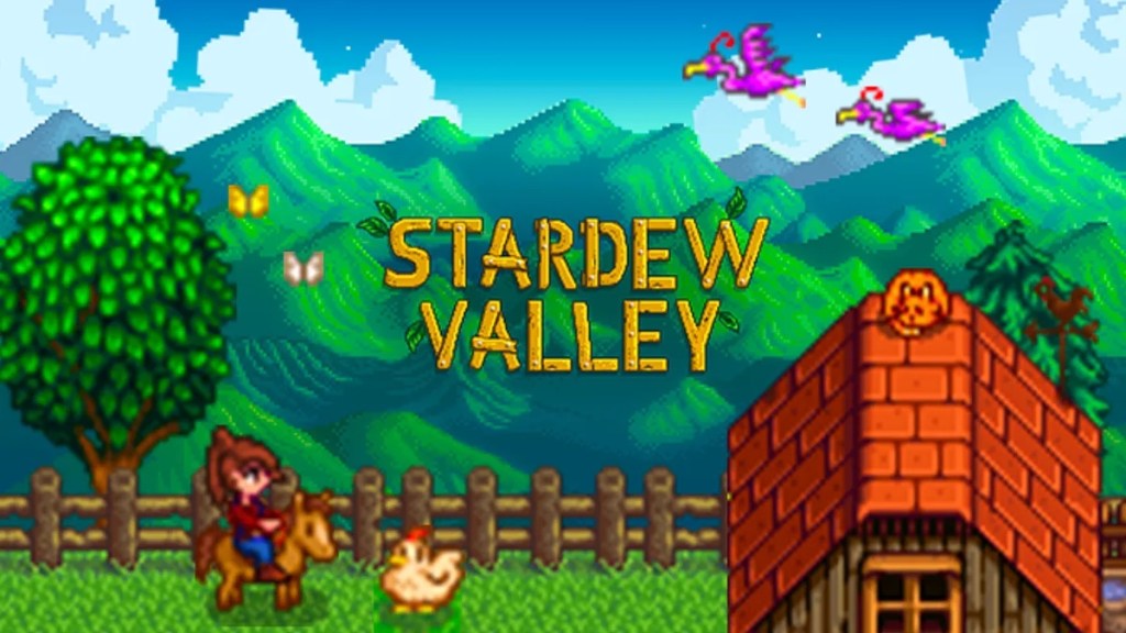A tiny pixel person rides a tiny pixel steed in front of a green and mountain filled pixel background. Text in picture reads "Stardew Valley."