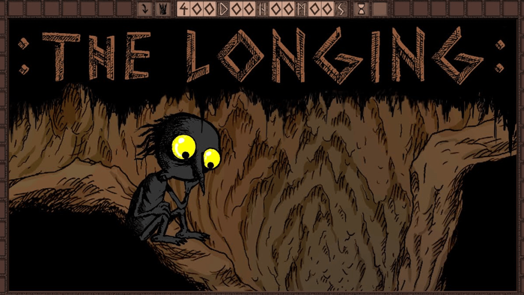 A tiny sad looking creature with a long nose and huge yellow eyes sits alone in a cave. It is oddly cute. Text in image reads "The Longing" and a 400 day countdown clock is featured.