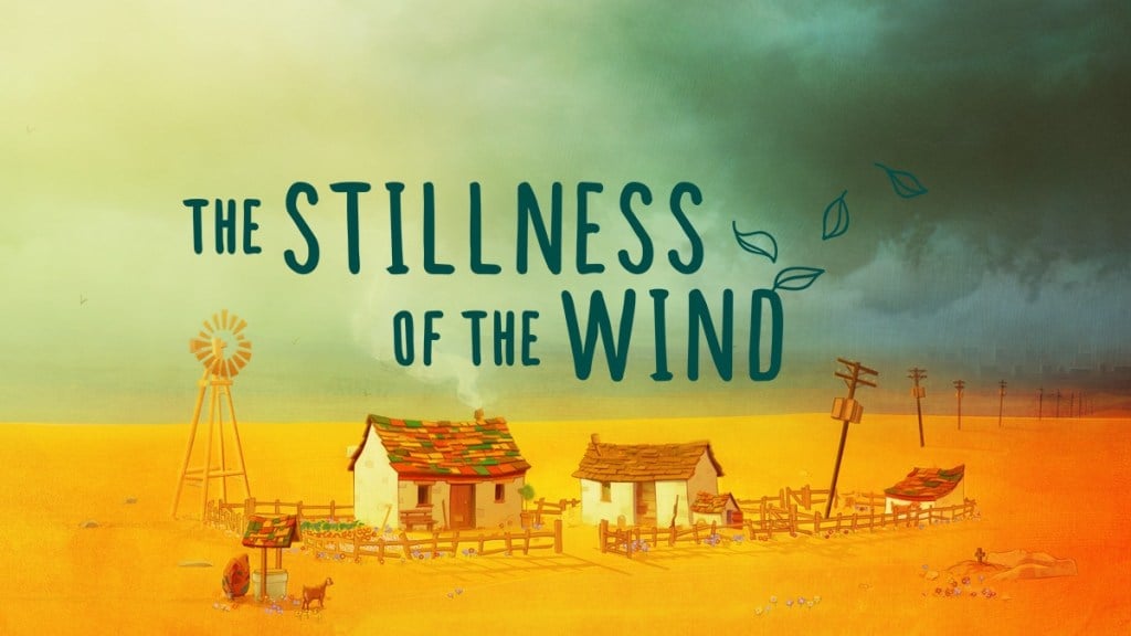 An ominous dusty landscape is interrupted by a trail of poorly maintained telephone poles and a dilapidated looking farm. It seems like a storm is coming. Text in image reads "The Stillness of the Wind."