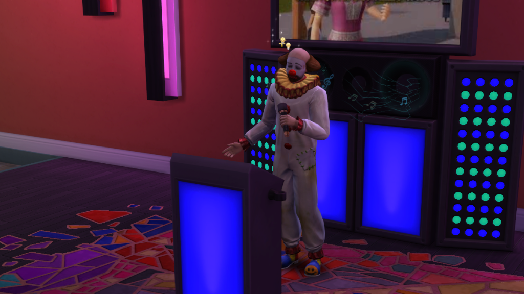 A sad clown performs a morose round of karaoke. 