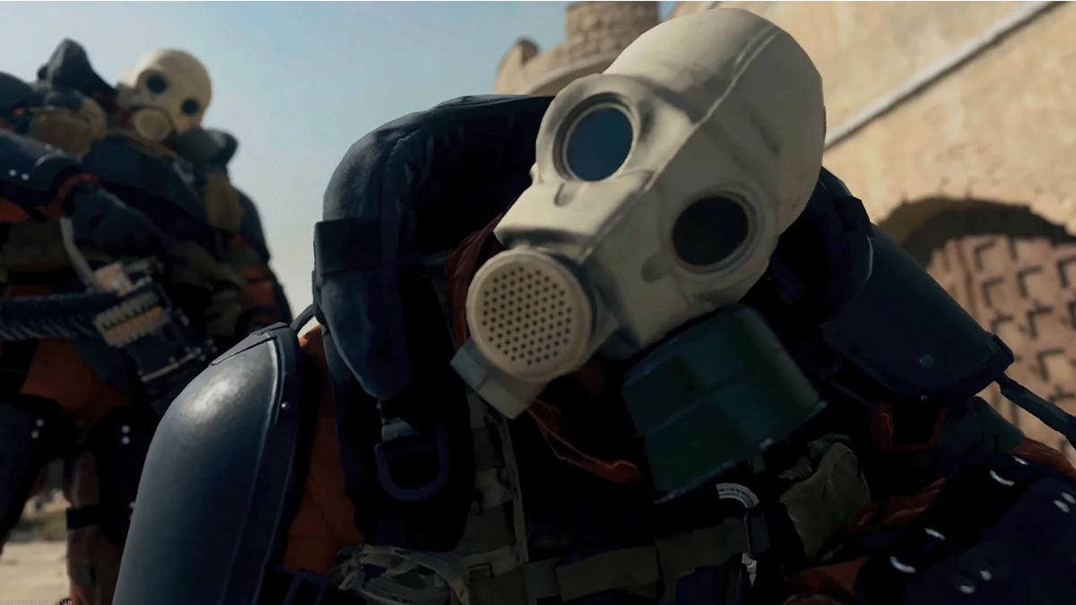 Warzone 2 Gas Mask users line up over a body.