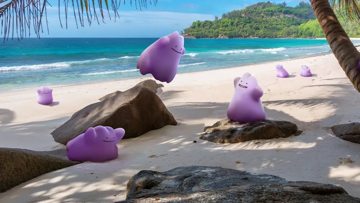 Several Ditto frolic on the beach.