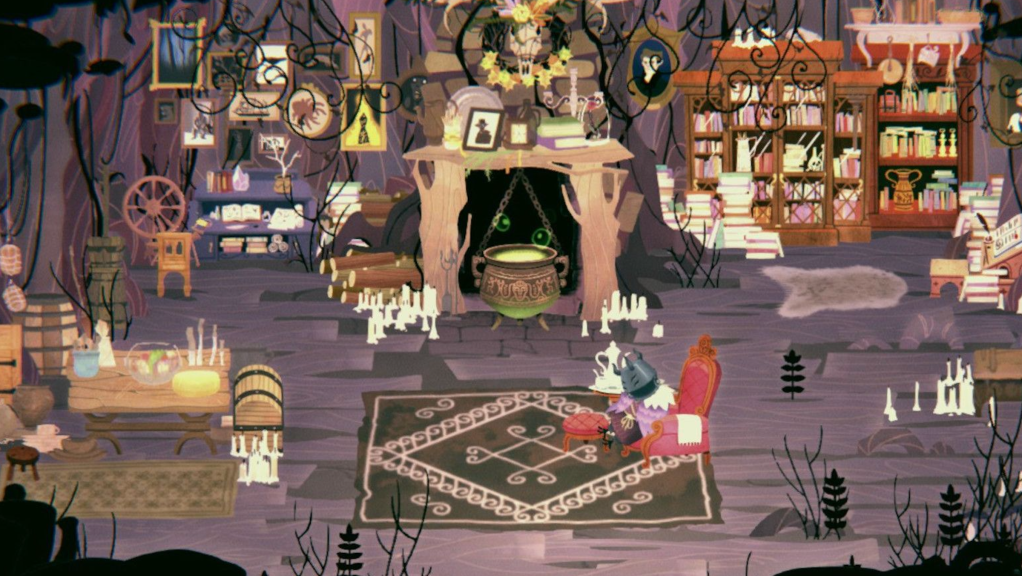 A large, cluttered, but cozy cartoon room surrounds a strange witch in a helmet who sits on a fancy but comfortable looking chair.