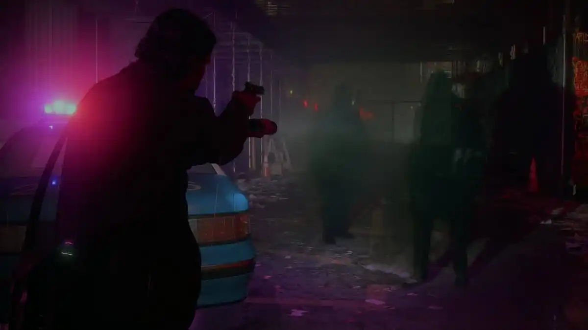 Alan Wake aiming a pistol at 'The Taken' enemies next to a police car in Alan Wake 2