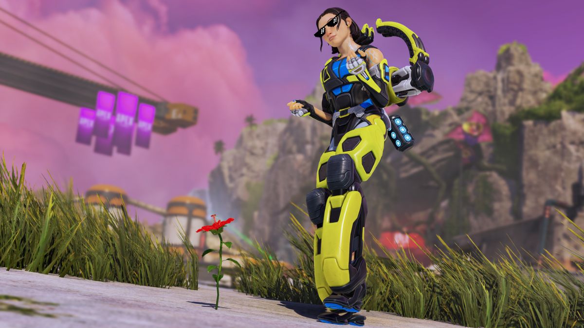 conduit with sunglasses throwing shade at tracer in overwatch apex legends