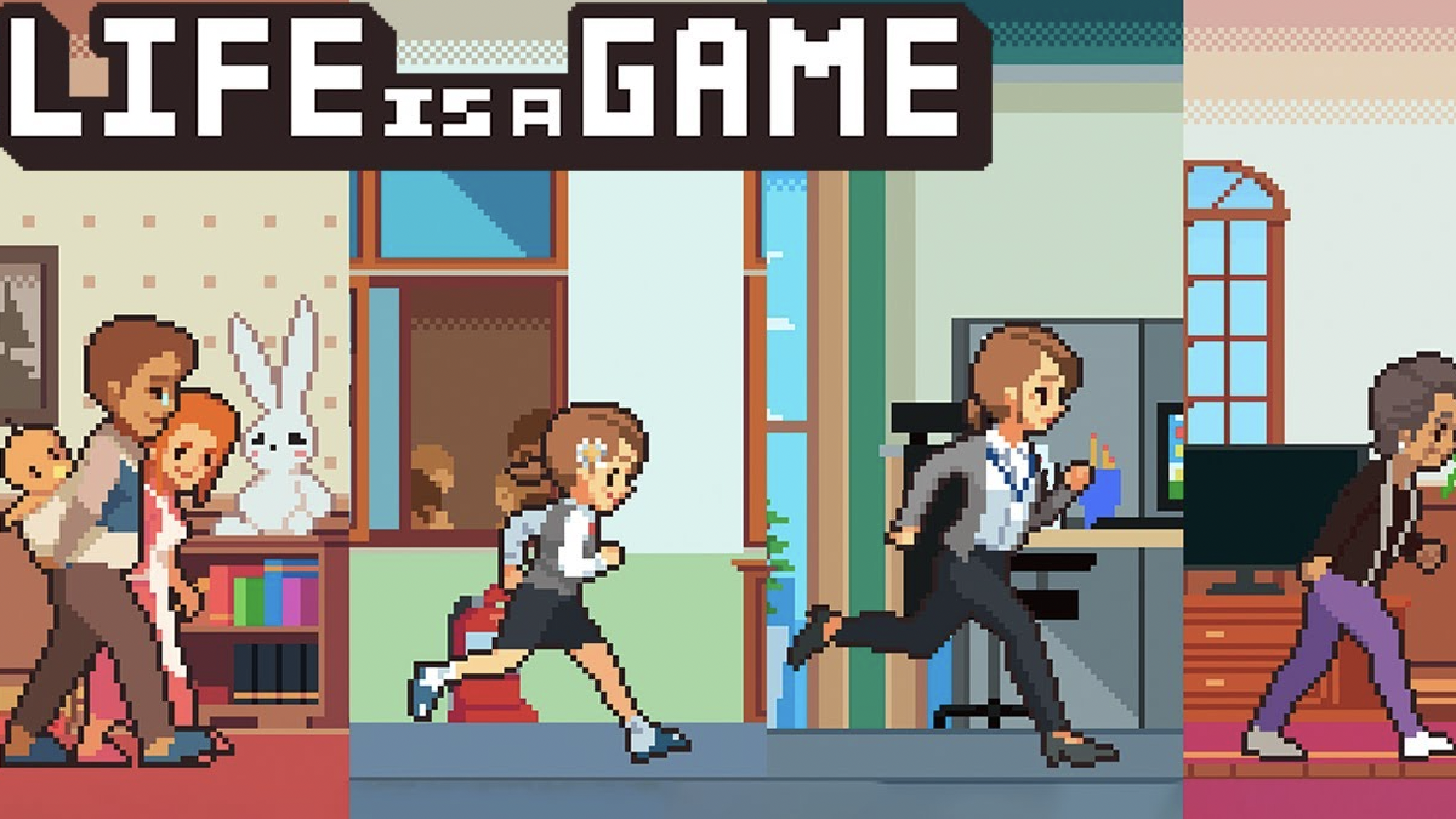 Test reads "Life is a Game" as four panels show the protagonist running as she ages from infancy to old age.