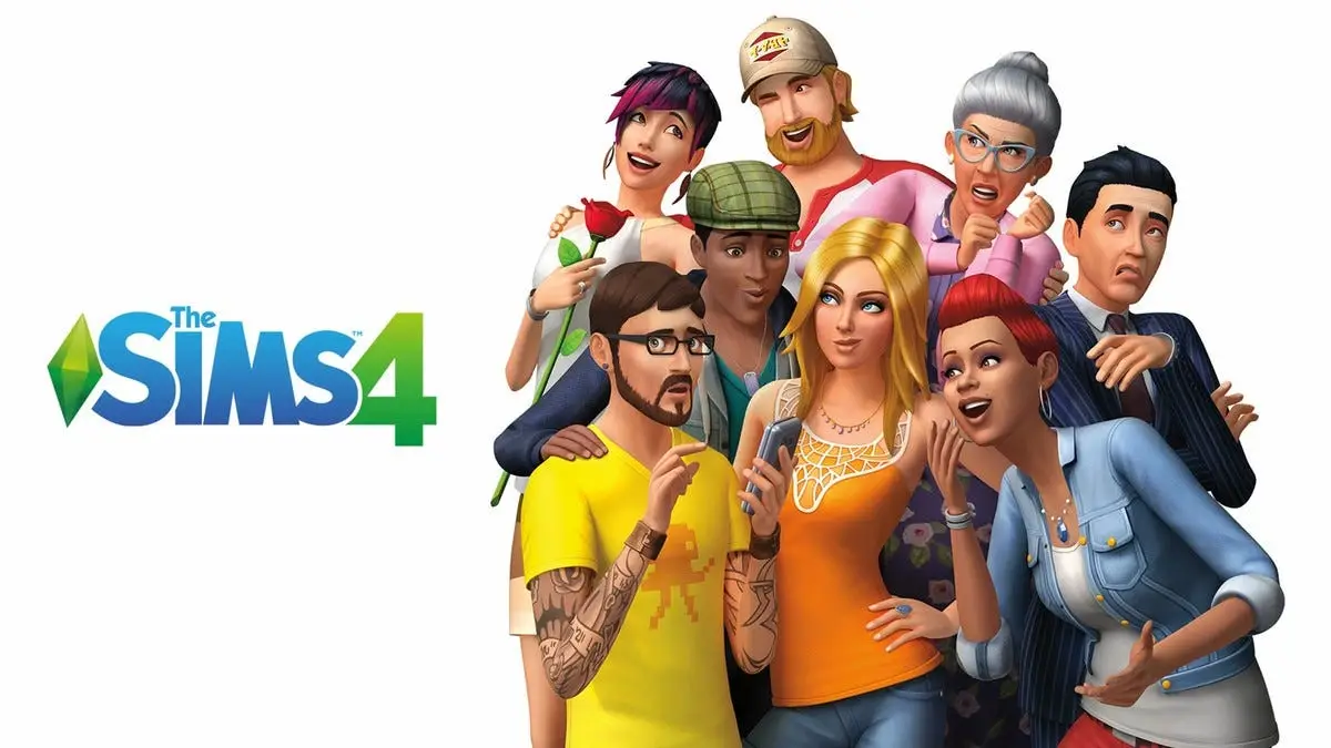 A cluster of sims interact on the right hand side of the image, the Sims 4 logo appears on the left.