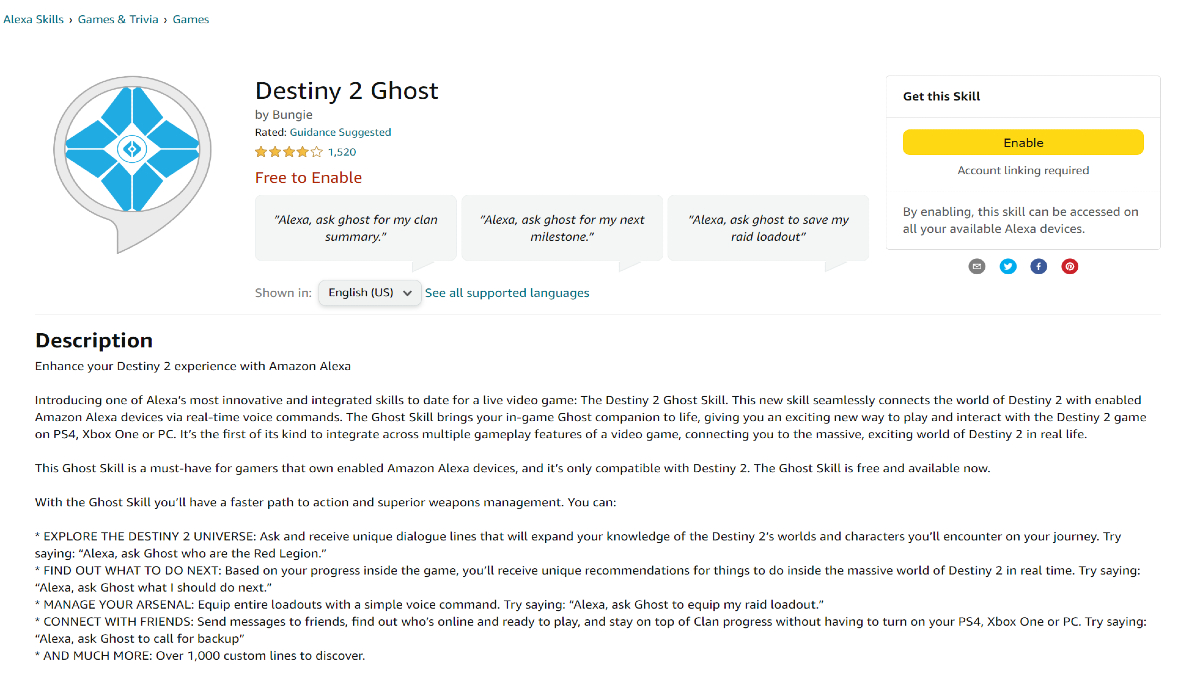Destiny 2 Ghost Alexa Amazon Enable Page & Settings