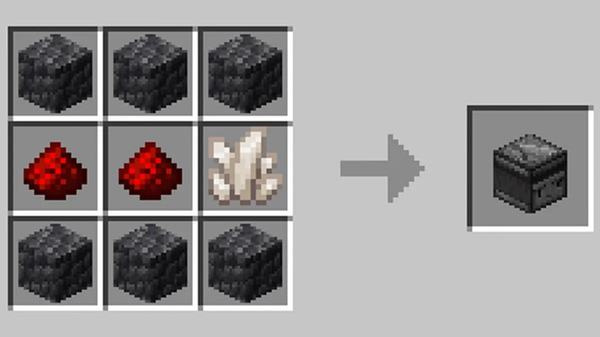 The crafting table shows the full contents of the Observer recipe in the correct order (three cobblestone, two redstone dust, one nether quartz, three cobblestone) and a completed observer in the square to the right of it.