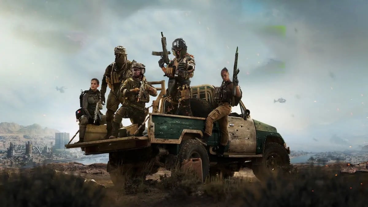 Digitally rendered photorealistic image of five heavily armed soldiers on the back of a janky bullet riddled pickup truck. A stormy sky full of helicopters is behind them. 