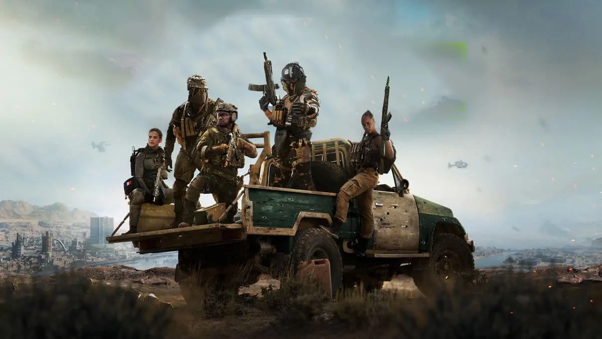 Digitally rendered photorealistic image of five heavily armed soldiers on the back of a janky bullet riddled pickup truck. A stormy sky full of helicopters is behind them.