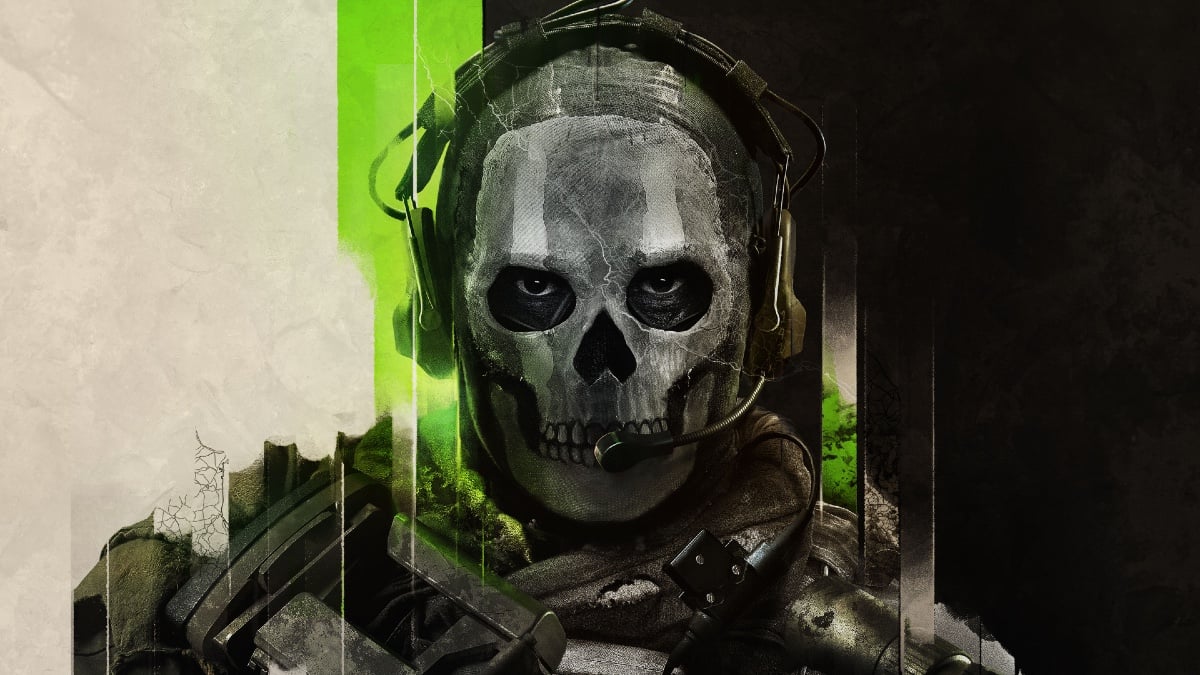 A digitally rendered but photorealistic man wearing a skeleton mask and a microphone headset stares menacingly out from a lime green, grey, and black abstract background.