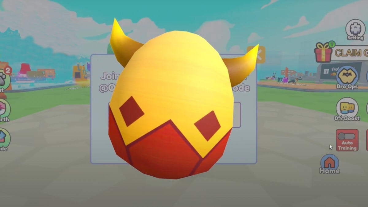 A digital easter egg in a gold and red pointed geometric pattern. It has little gold devil horns. The egg is against a background of gameplay.