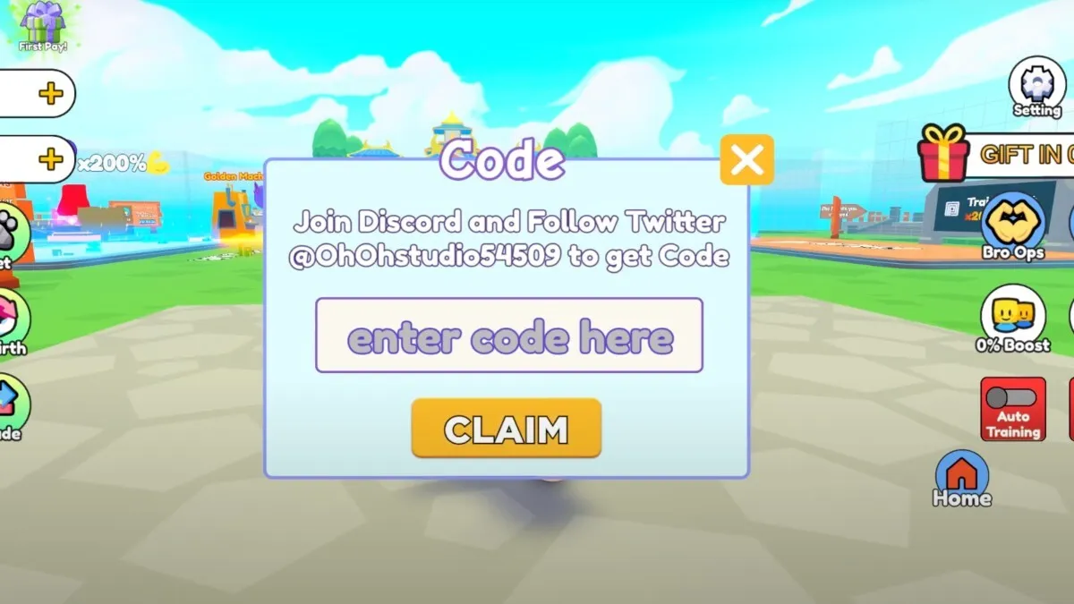A pop-up box in blue, lavender, and gold with text that reads, "Code. Join discord and follow twitter @OhOhstudio54509 to get code. Enter code here. Claim." There is a background of cheerfully colored gameplay, but nothing is happening. 