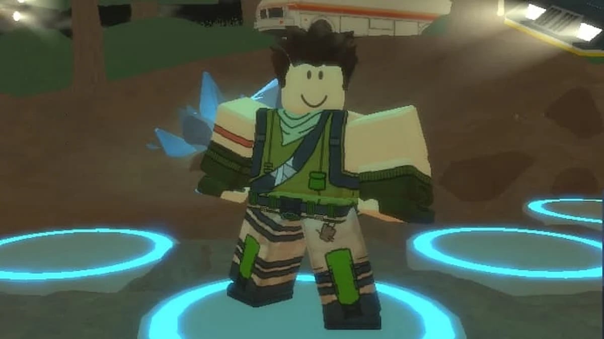 A lego-looking fortblox figure with spiked brown hair and some kind of tactical looking outfit has a detrmined stance in a glowing blue circle.