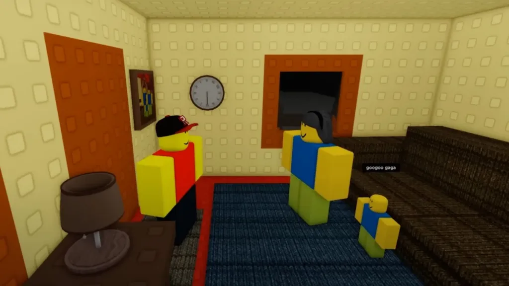 A yellow, lego-like, animated man stands in his blocky but shabby living room with his block wife and block son. 