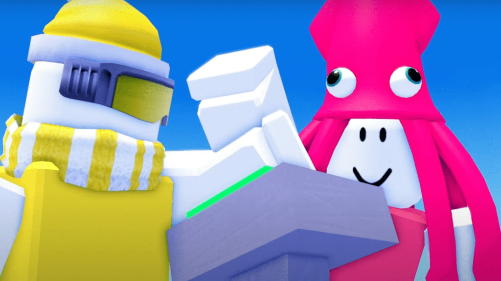 A block person in a yellow winter outfit prevents a carefree block in a pink squid hat from pressing the button.