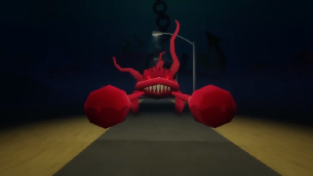 A terrifying red crab creature comes towards the player down a sinsiter dark road.
