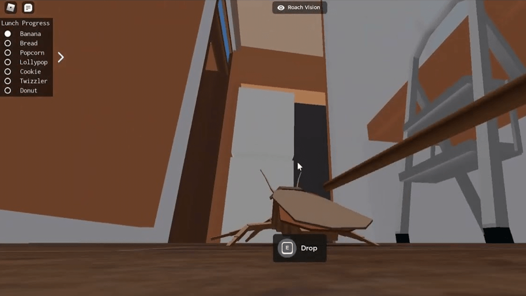 A semi-realistic Roblox roach stands facing away from the screen and looks out into an apartment. A stepstool is visible.