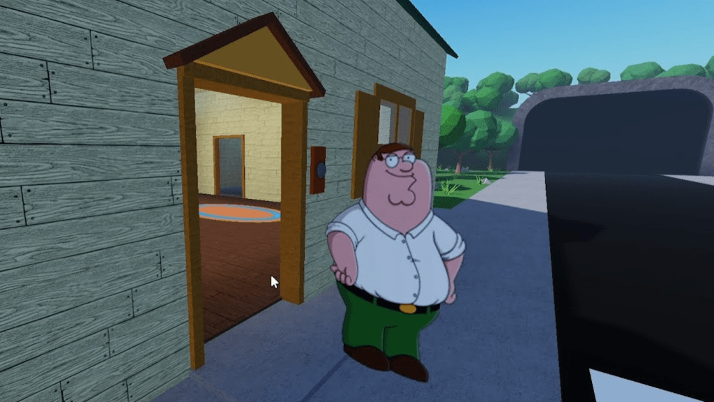 A two-dimensional Peter from Family Guy stands among a three-dimensional Roblox exterior scene.