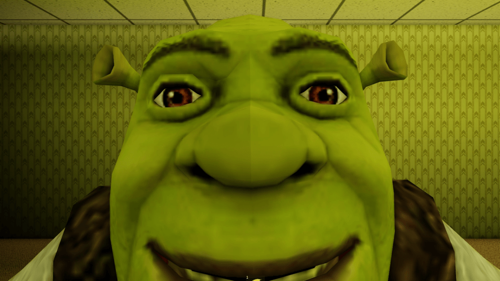 A very intense closeup of Shrek stands in an eerie, dimly lit, hallway. It appears that there has just been a jumpscare.