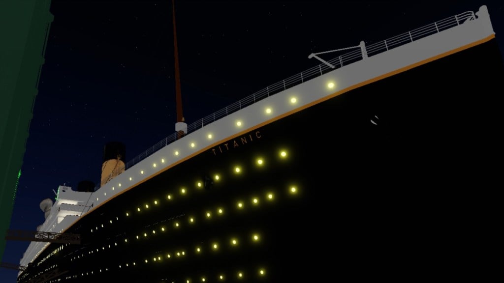 A digital rendering of the Titanic stands against a dark sky.