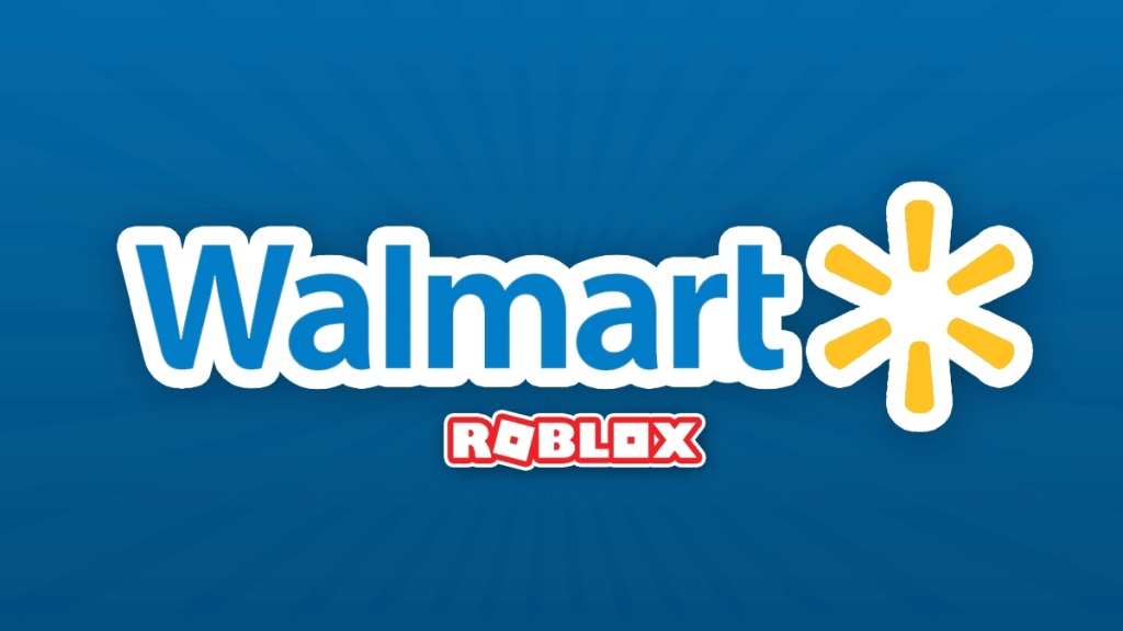 Text reads Walmart, followed by the Walmart logo, with text reading Roblox beneath it. Everything is against a blue background.
