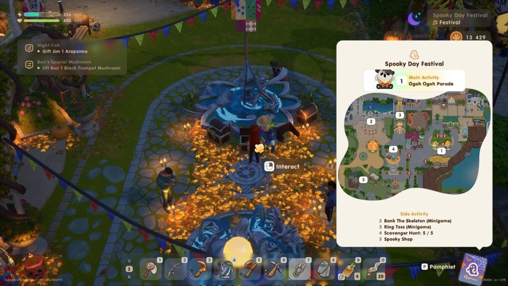 Coral island screenshot of a player character interacting with a chest beside a fountain during the spooky day festival
