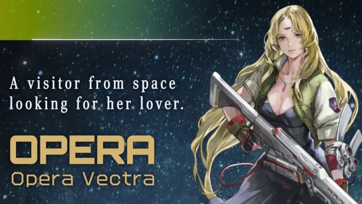 Image of Opera Vectra, a three-eyed, pale woman, with long blonde hair wearing a deep v-neck black dress under a military-style jacket. She is holding a large ray gun. On the left, text which reads, "A visitor from space looking for her lover. Opera. Opera Vectra."