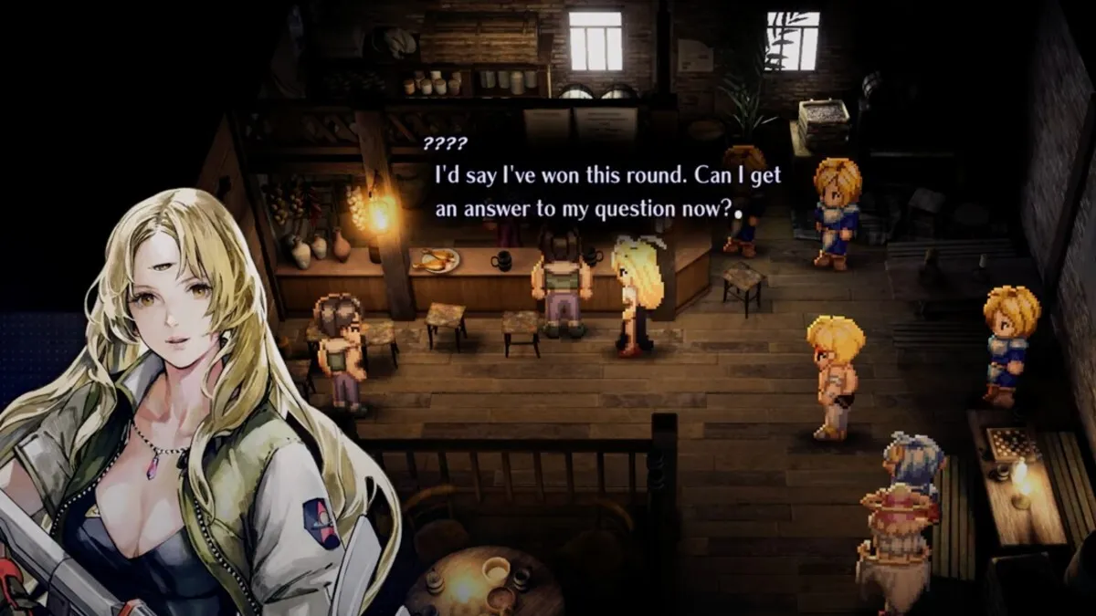 Image of Opera in her fully illustrated form on top of an image of gameplay inside the Hilton bar. A pixelated Opera can be seen with members of the player party. Text shows her name as "????" as she is still a mystery character. She says "I'd say I've won this round. Can I get an answer to my question now?"