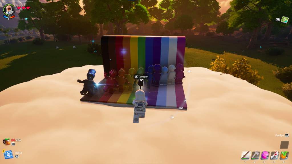 A rainbow lego set with dancing figures atop a cloud at the end of a rainbow in LEGO Fortnite and a player character emoting back at the dancing figures.