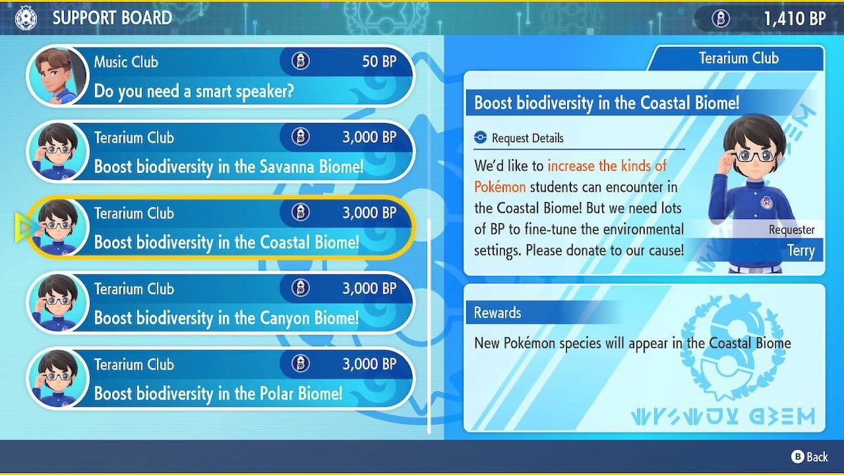 Pokemon Indigo Disk screenshot of Coastal Biome upgrade on the PC in the League Club Room.