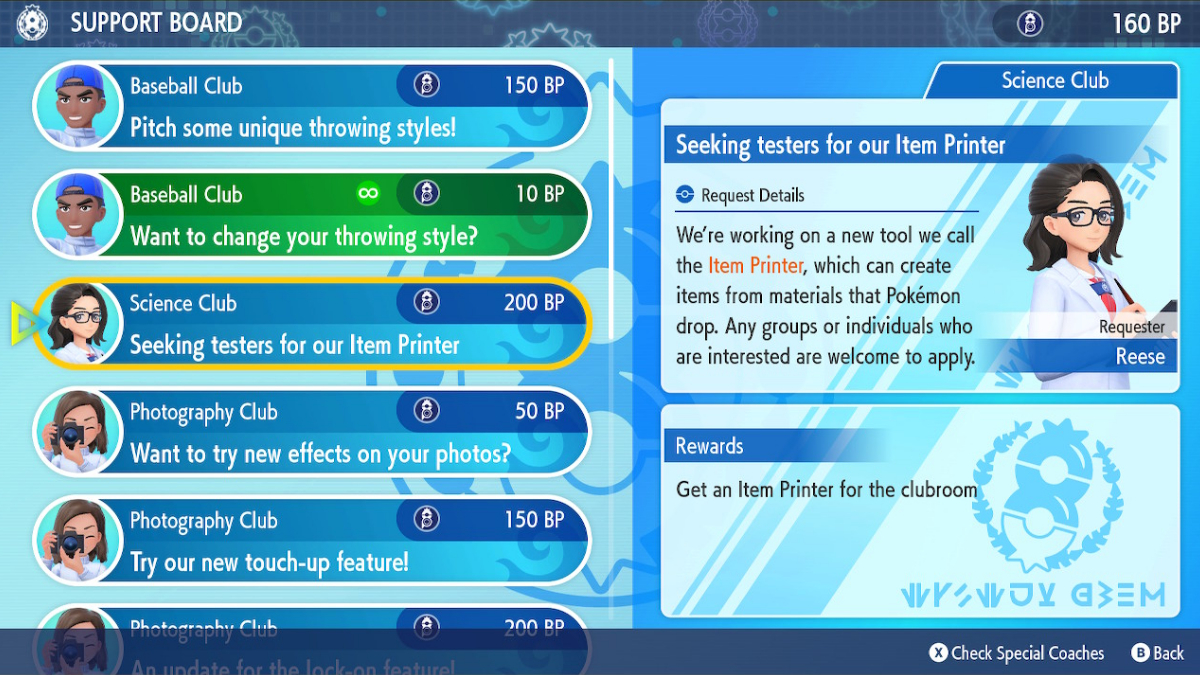 Pokemon Indigo Disk screenshot of the Support Board with the item printer request highlighted