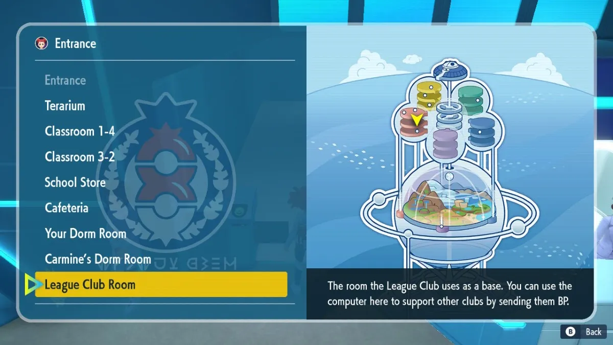 Pokemon Indigo Disk screenshot of the League Club Room's access through the blueberry academy's entrance.