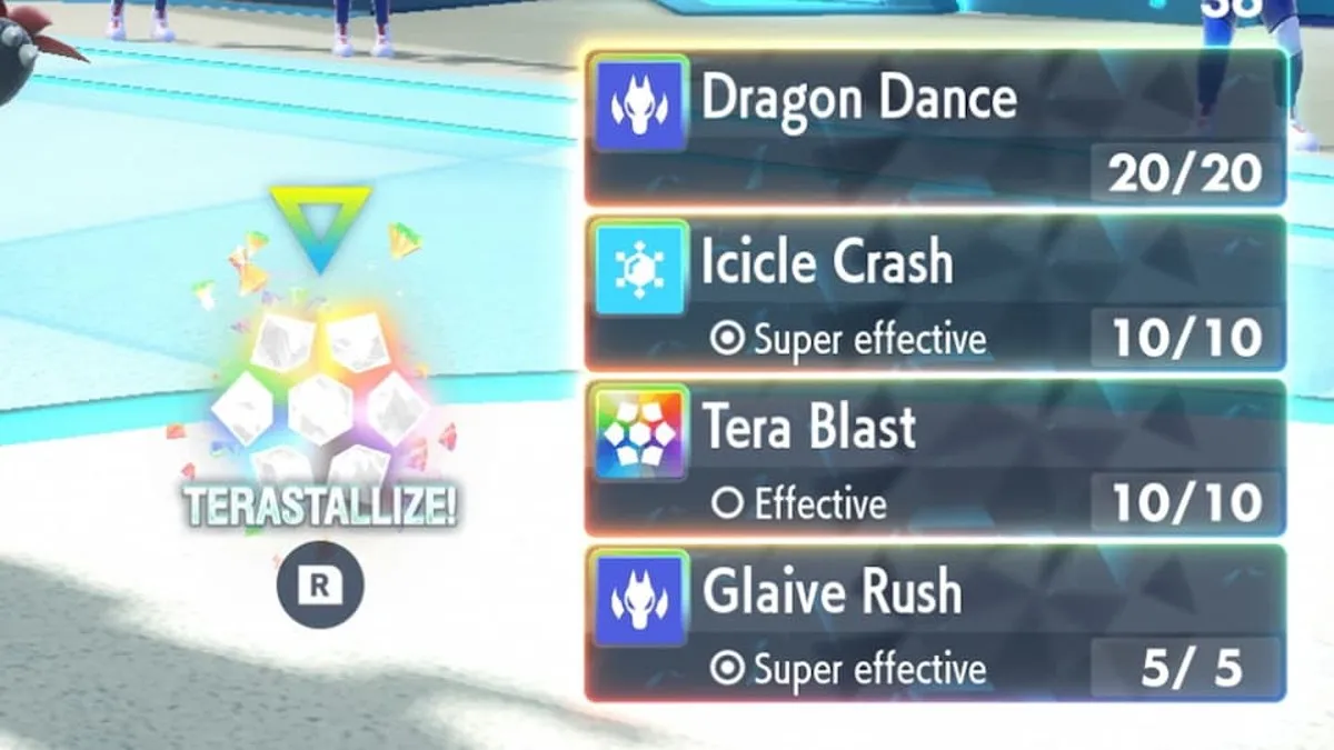 the New Stellar Tera Type Symbol next to a pokemon's moves in the Pokemon Scarlet and Violet Indigo Disk DLC