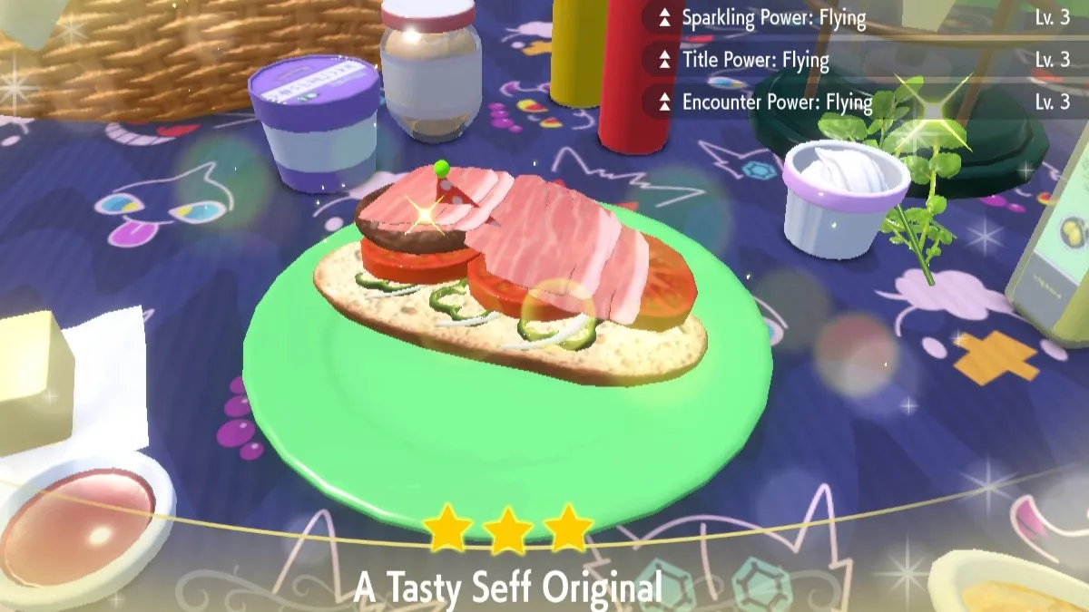 Pokemon Scarlet and Violet Indigo Disk screenshot of a Sparkling Power Level 3 Sandwich.