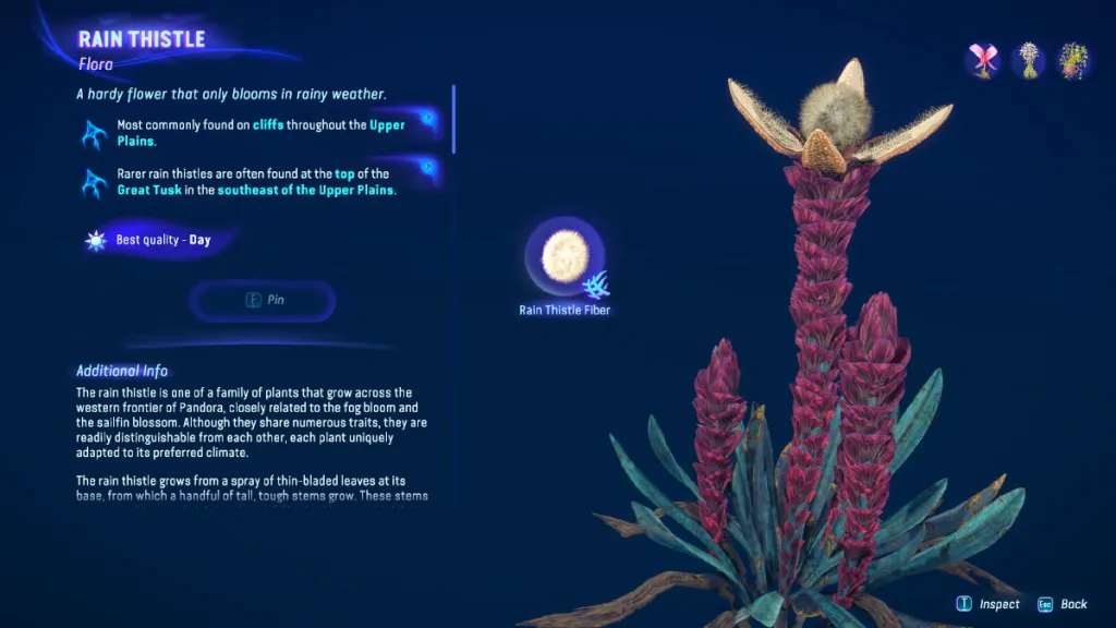 Rain Thistle info in the Hunters Guide in Avatar Frontiers of Pandora