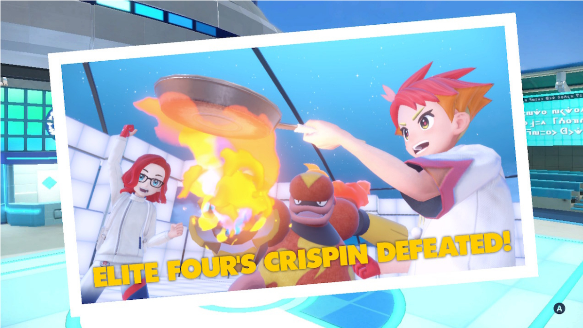 Pokemon Indigo Disk screenshot of Crispin and the player character after Crispin's defeat.