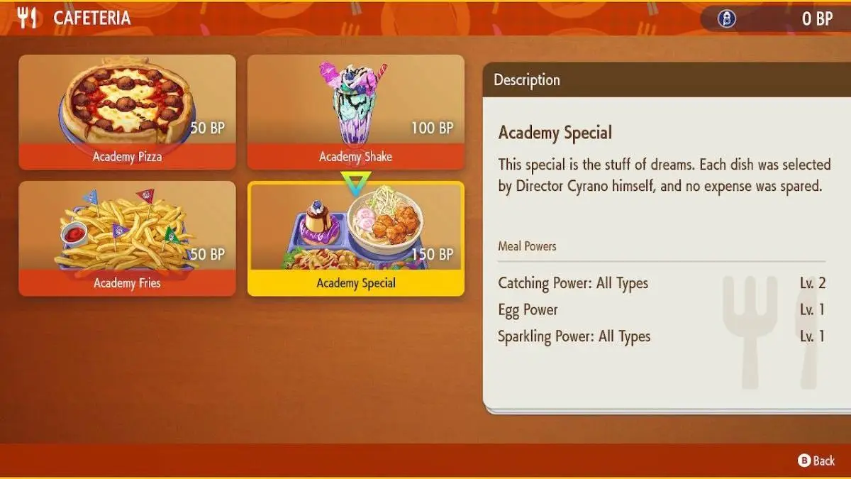 pokemon indigo disk screenshot of a sparkling power all types sandwich in the blueberry academy cafeteria menu.