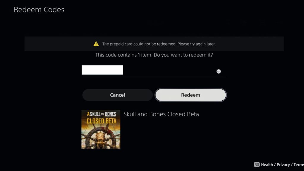 prepaid card could not be redeemed error skull and bones