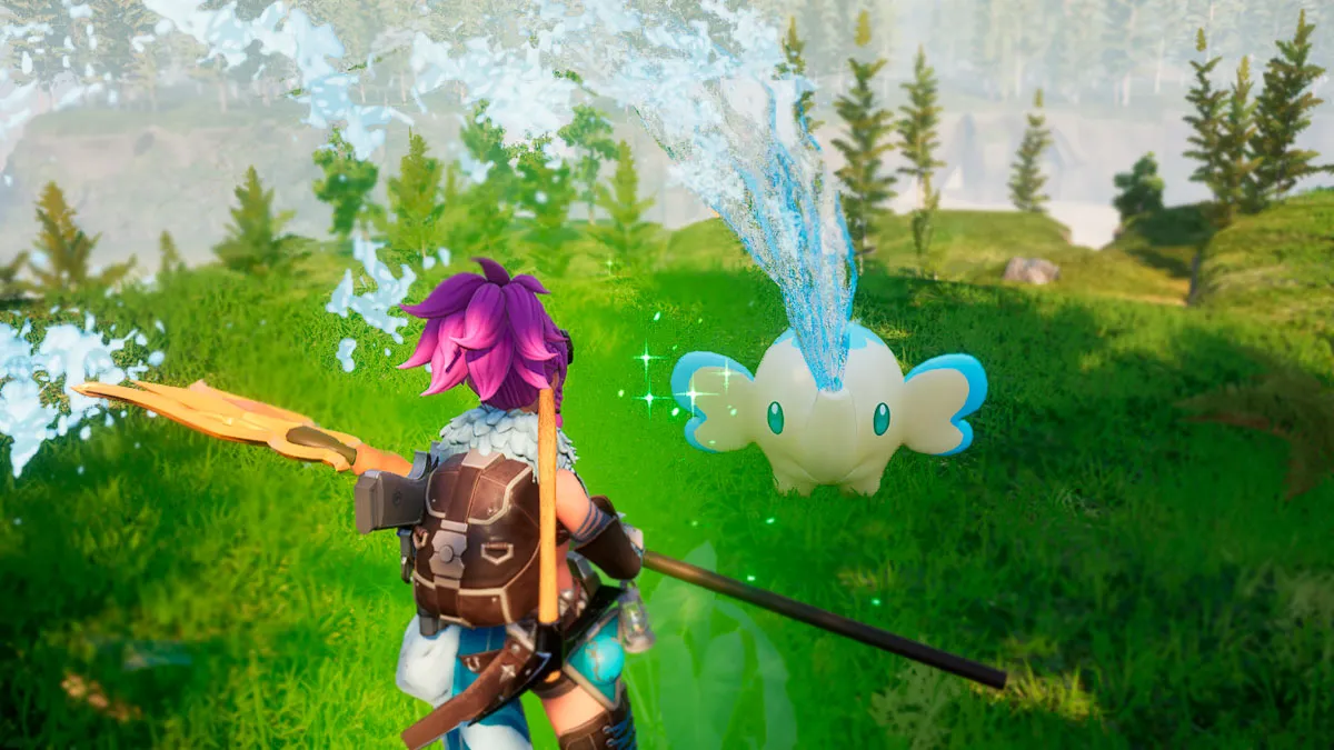Palworld screenshot of Teafant healing the player character by spraying water on them.
