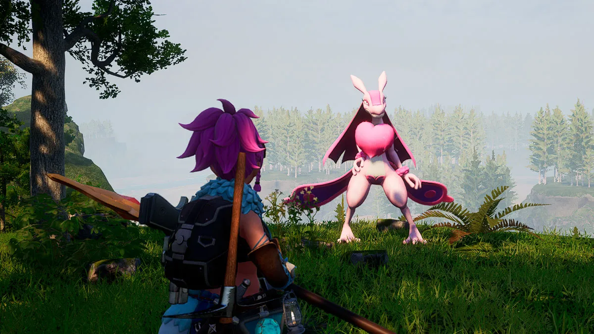Palworld screenshot of Lovander standing beside a tree